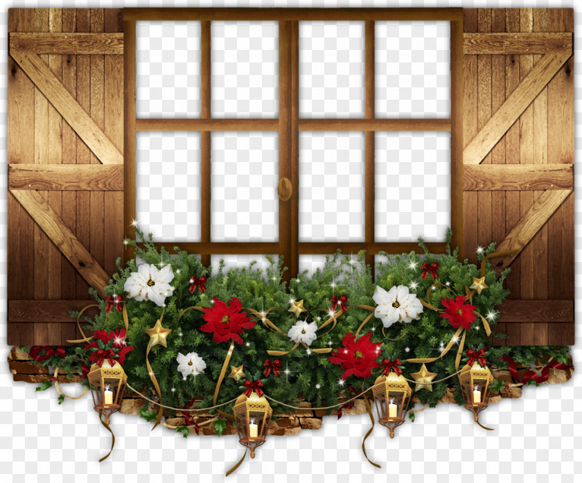 Wooden Window Frames Floral Decoration Clip Art PNG