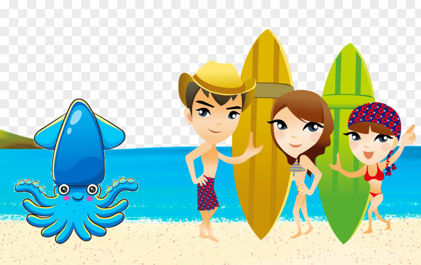 Cartoon Beach Play Surfing Illustration PNG