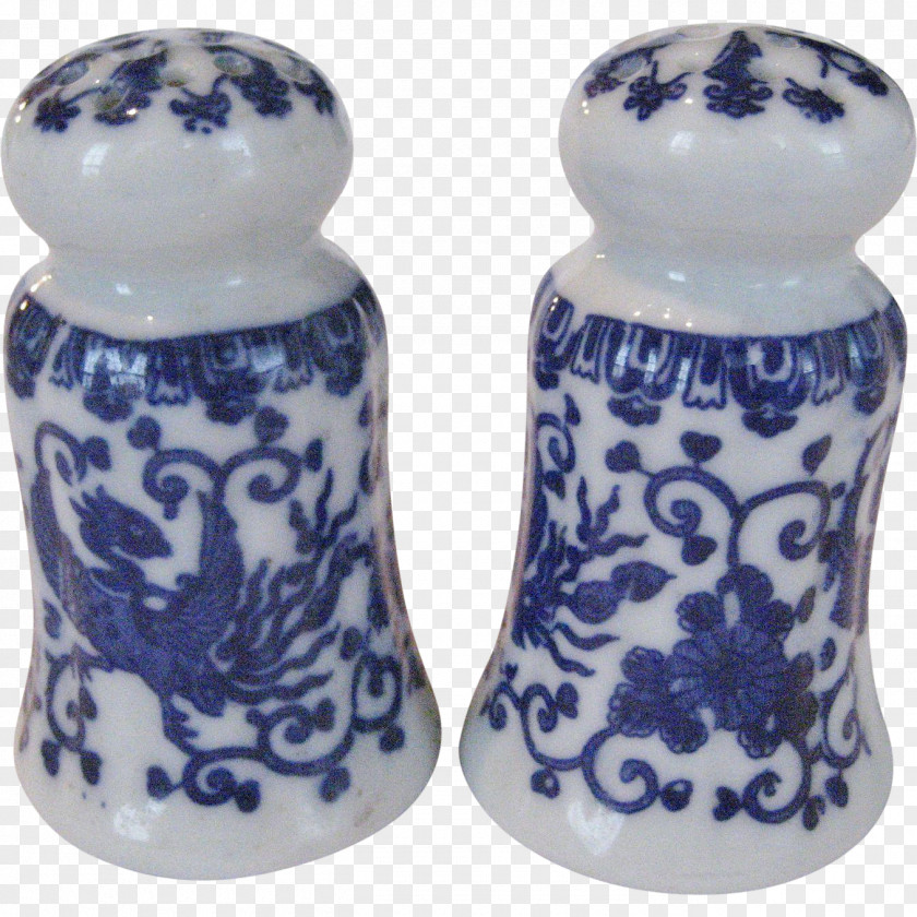 Salt And Pepper Shakers Blue White Pottery Cobalt PNG