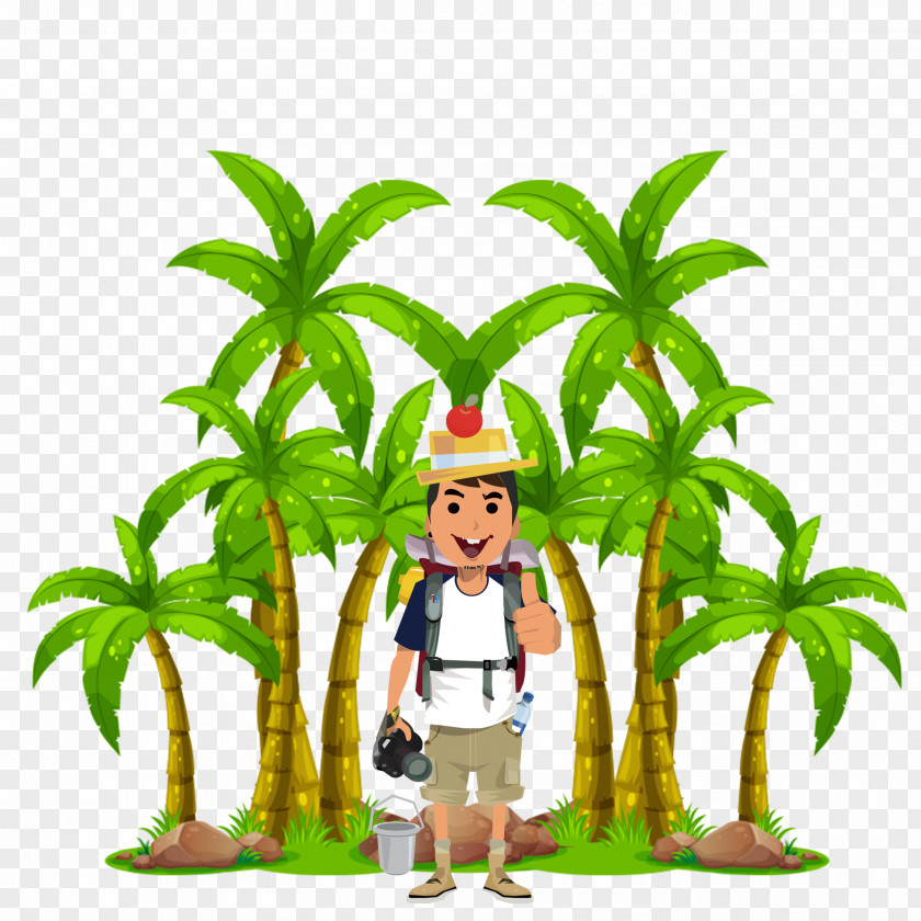 Man Walks Coconut Tree Flat Design PNG