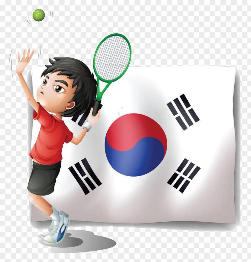 Playing Tennis Before The Flag Of South Korea Illustration PNG