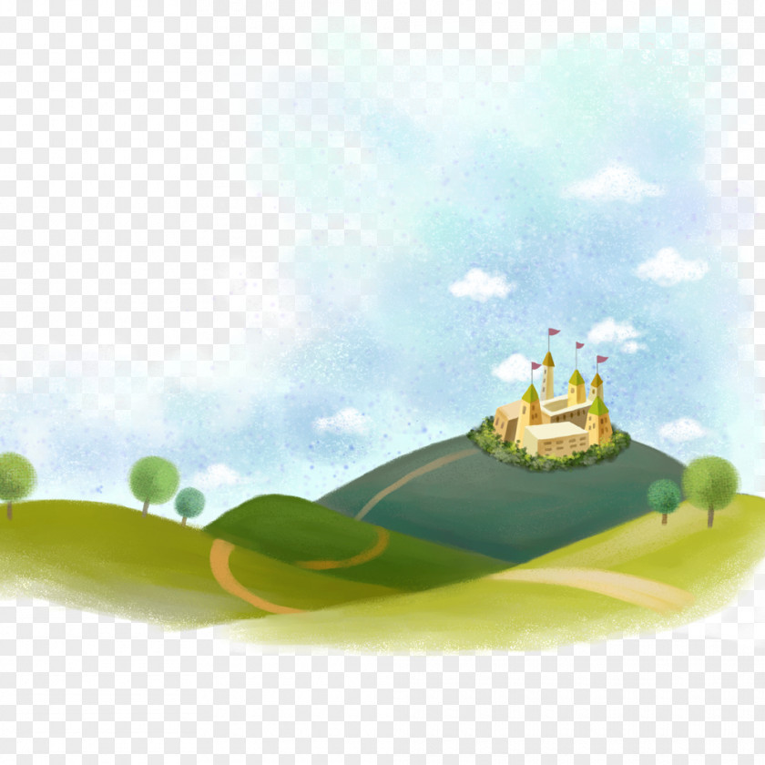 Castle In The Mountains Between Cartoon Drawing Wallpaper PNG