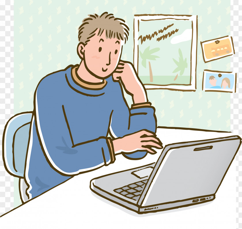Cartoon Man Playing Computer Laptop Keyboard Illustration PNG