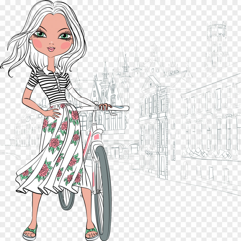 Fashion Model Girl PNG , Push the bike girl, female riding bicycle illustration clipart PNG