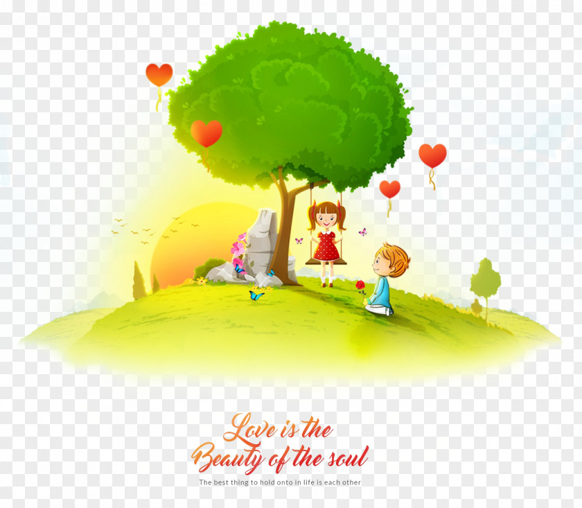 Creative Cartoon Hand-painted Tree-loving And Child Love Soul High-definition Television Romance Wallpaper PNG
