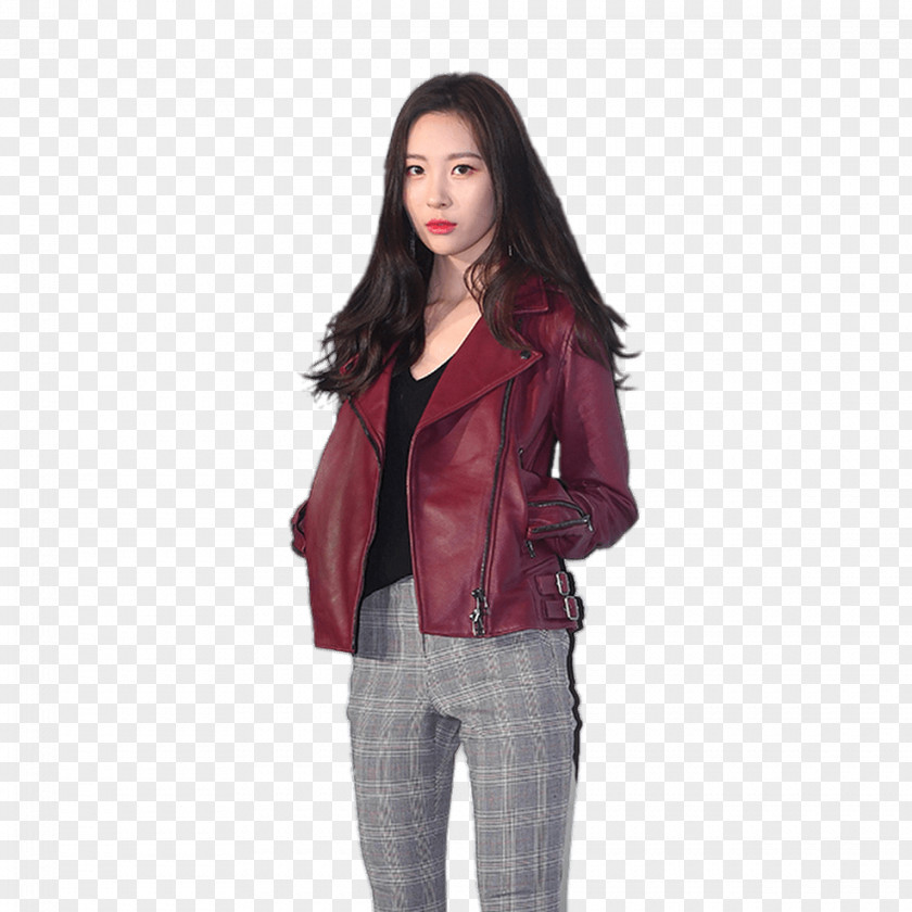Sunmi Red Leather Jacket PNG Jacket, woman in red leather zip jacket and grey pants clipart PNG
