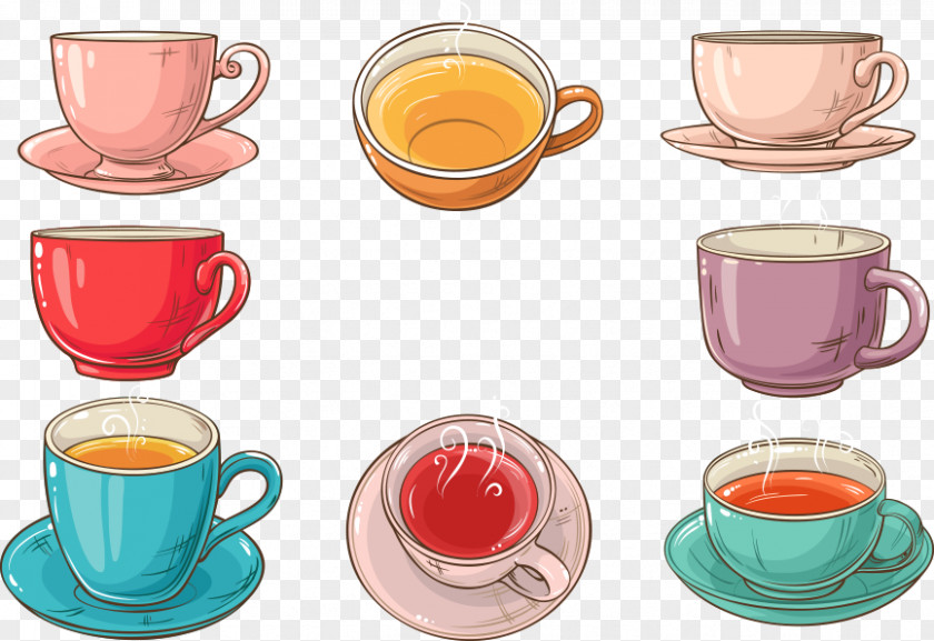 Vector Colored Cup Of Black Tea Teacup Coffee Saucer PNG