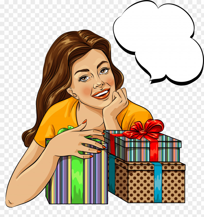 Gift Boxes And Women Cartoon Pop Art Comics Illustration PNG