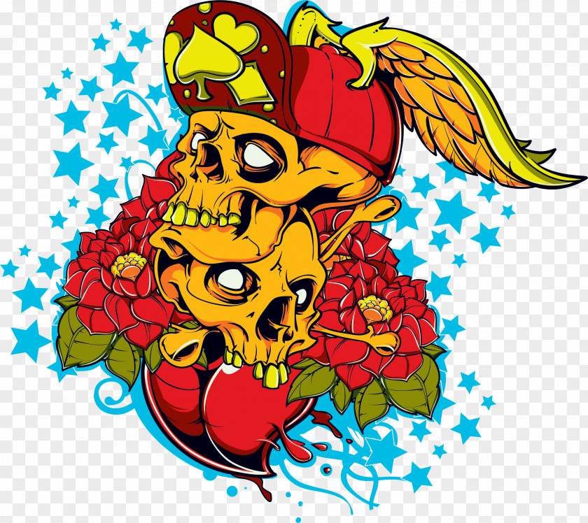 Red Flowers Skull Illustration T-shirt PNG