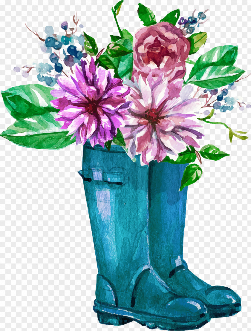 Watercolor Hand Painted Boots Flower Decoration Pattern PNG