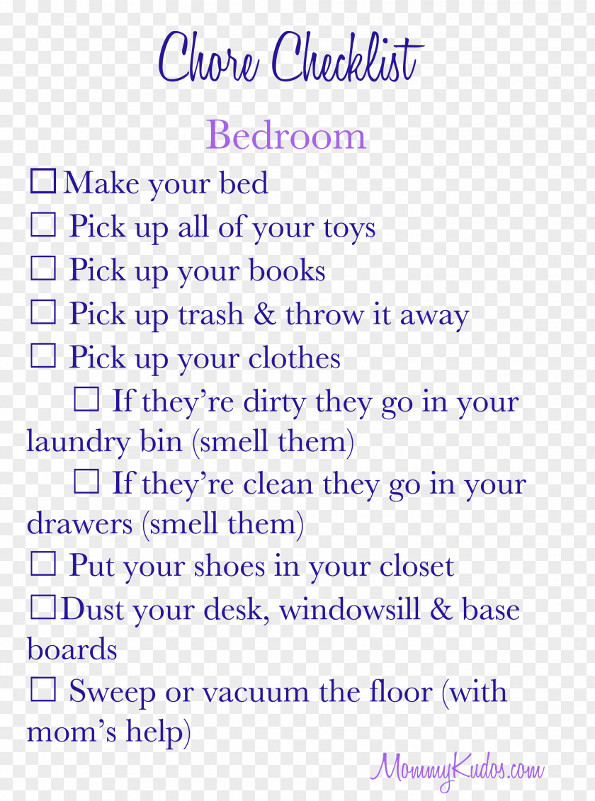 Child Bedroom Chore Chart Cleaning PNG