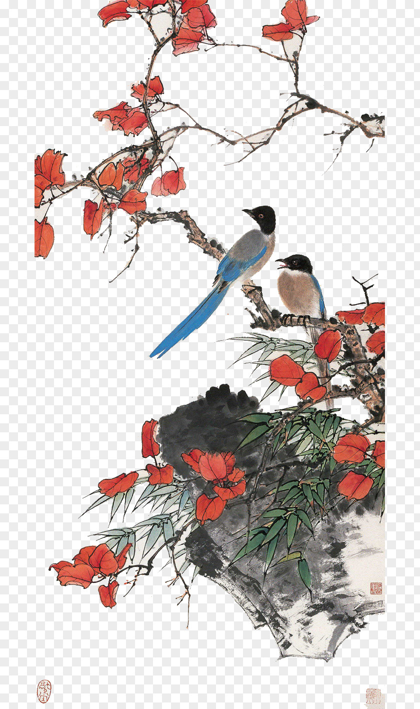 Birds In The Branches U5de5u7b14u82b1u9e1fu753b Bird-and-flower Painting Chinese Ink Wash Gongbi PNG