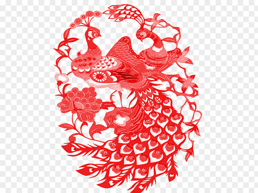 Red Phoenix Paper Cut Chinese Cutting Papercutting Peafowl Folk Art PNG