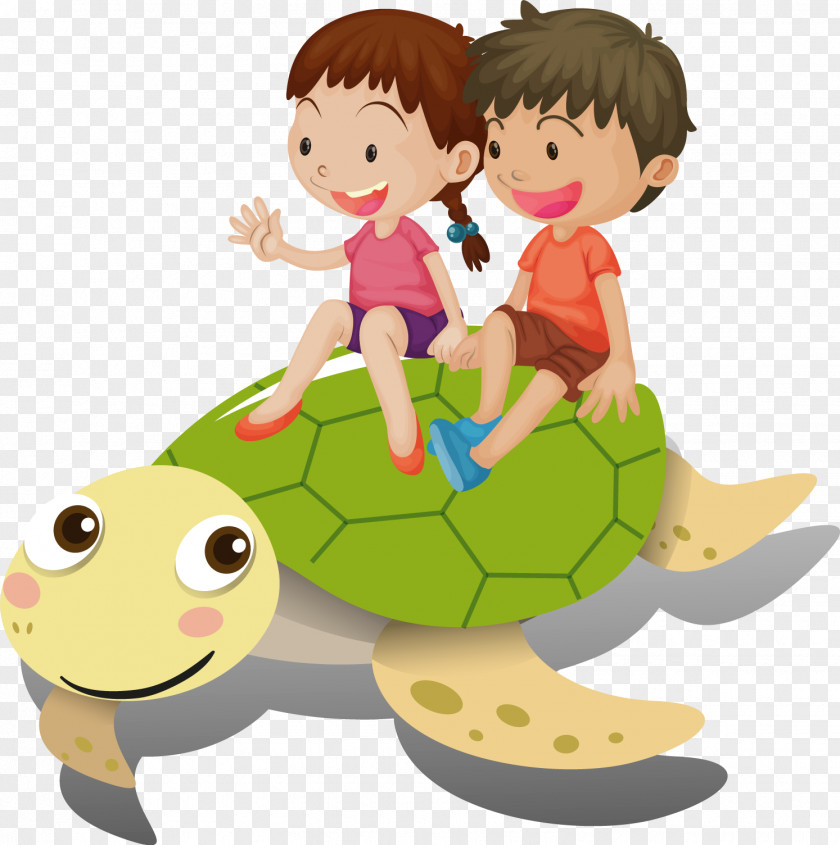 Cartoon Boy Girl Illustration PNG Illustration, sitting on the big turtle child clipart PNG