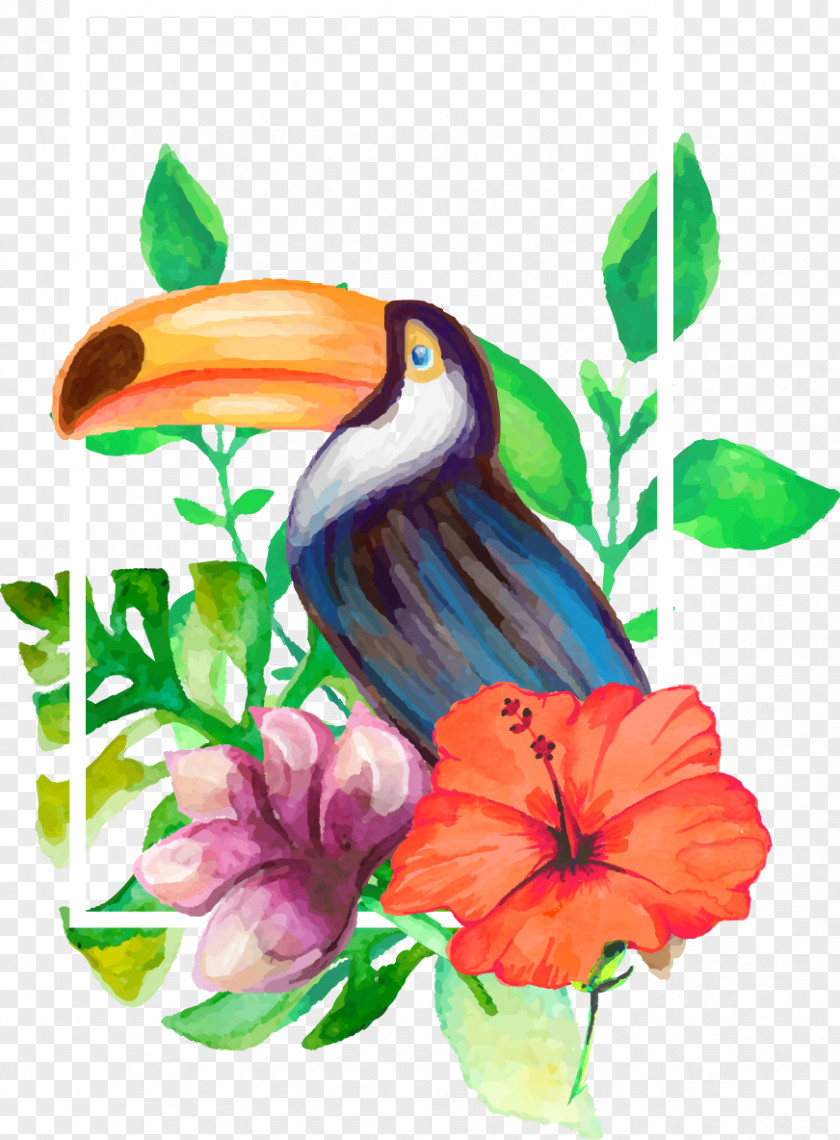 Drawing Realistic Aesthetic Decorative Flowers And Parrot Watercolor Painting PNG