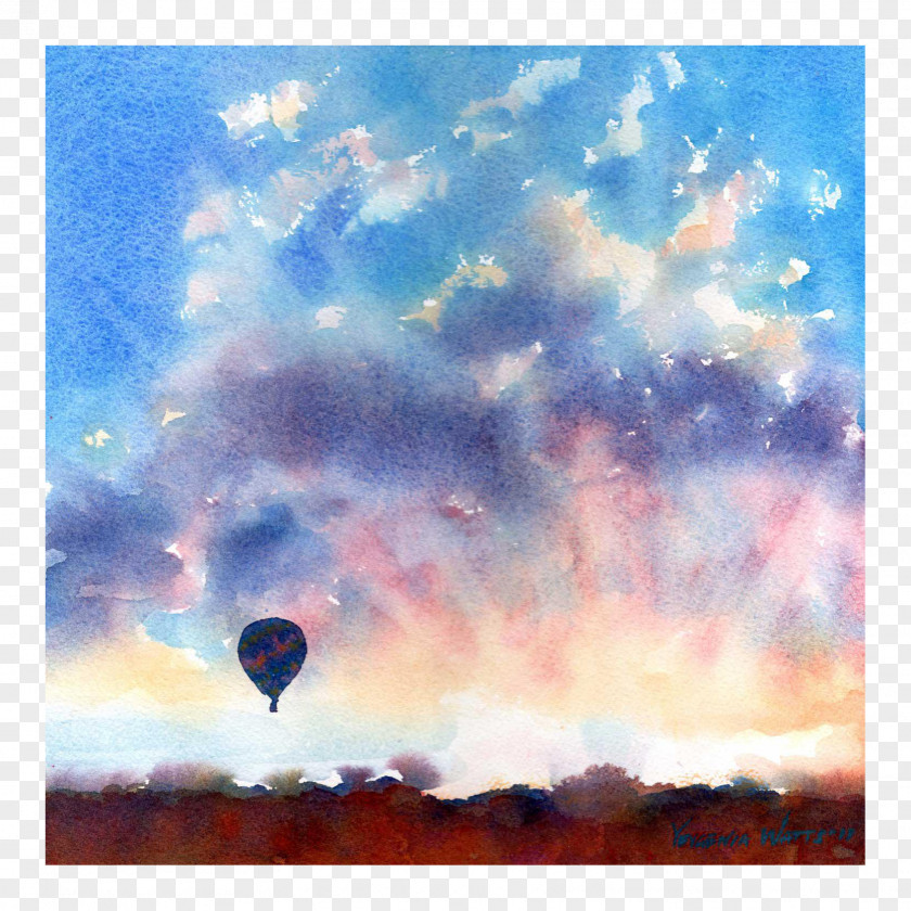 Watercolor Cloud Painting Hot Air Balloon Landscape PNG