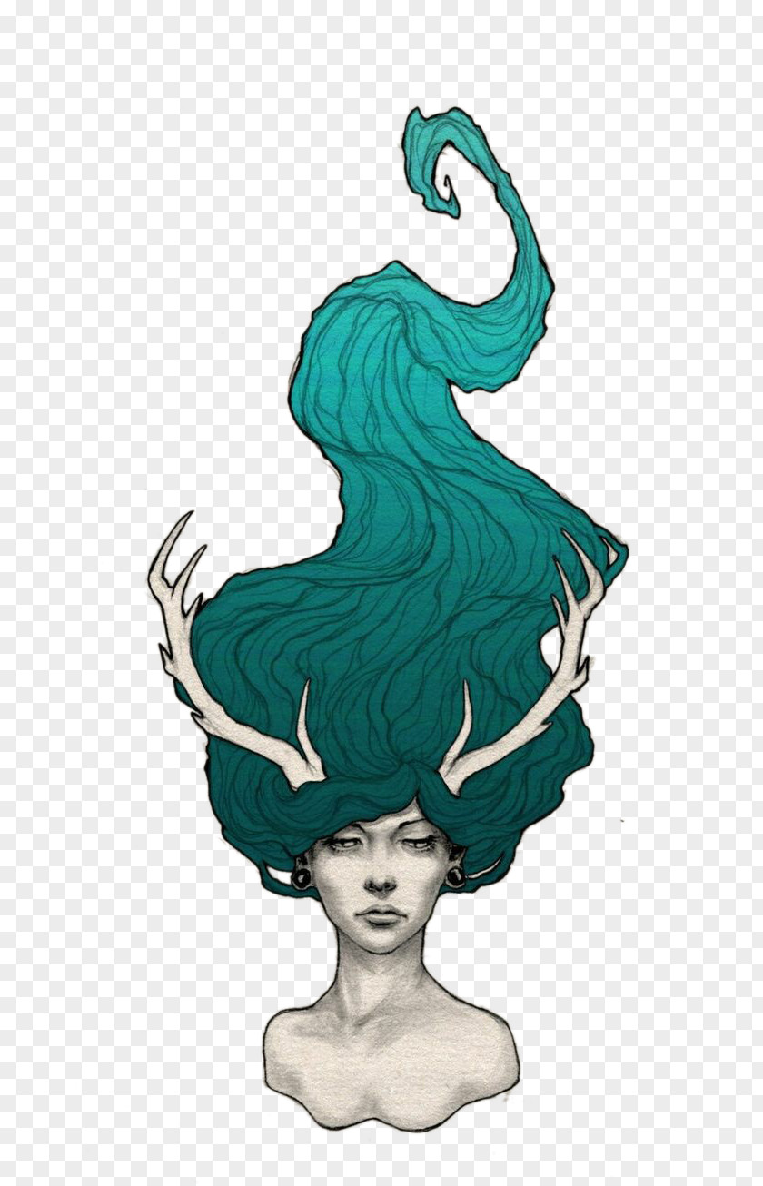 There Antlers Blue Hair Woman Drawing Painting Art Illustration PNG