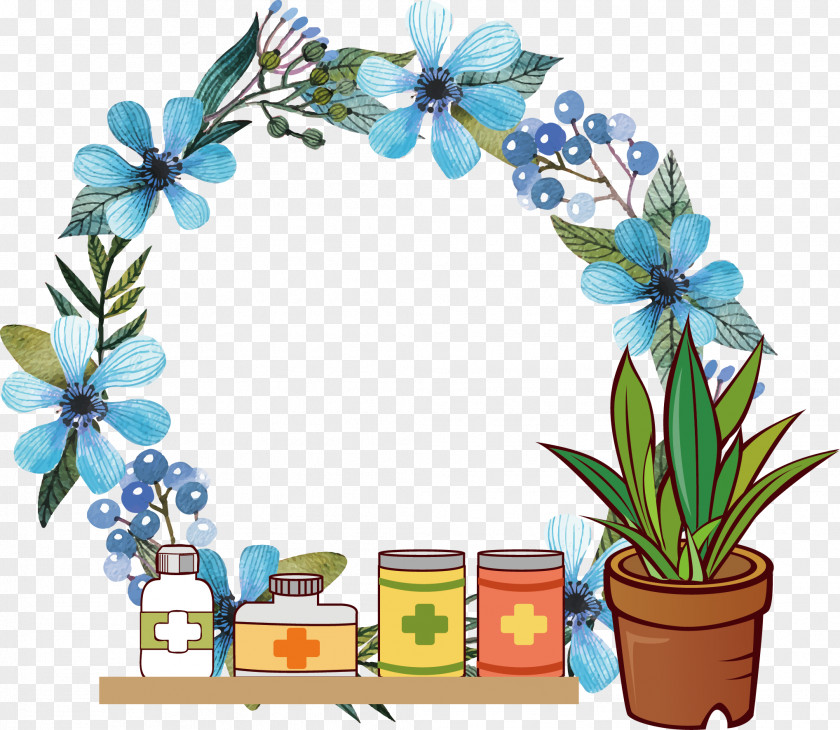 Blue Bottle Of Nurse Fancy Ring Watercolour Flowers Wreath Clip Art PNG