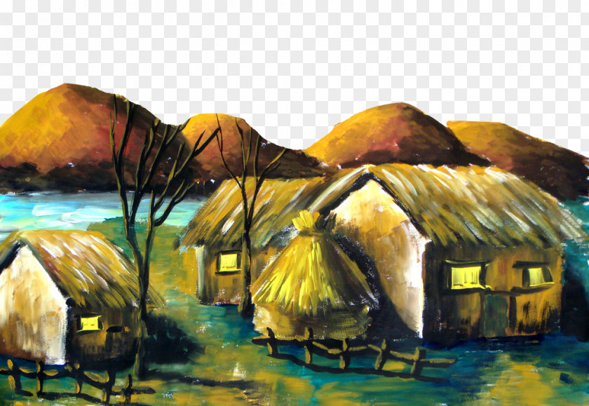 Oil Painting With A Thatched Cottages Landscape Cottage PNG