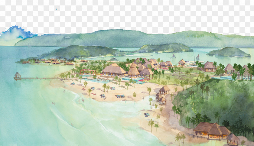 Beach Watercolor Painting Landscape Floor Plan PNG