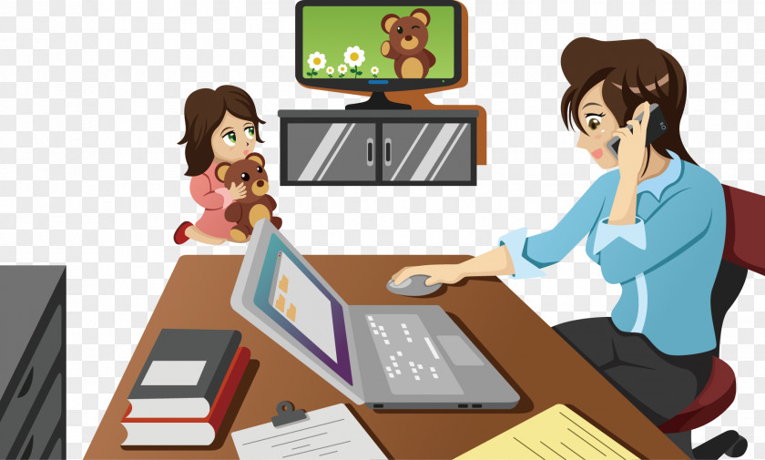 Mother Office PNG , Watch the little girl on TV clipart PNG