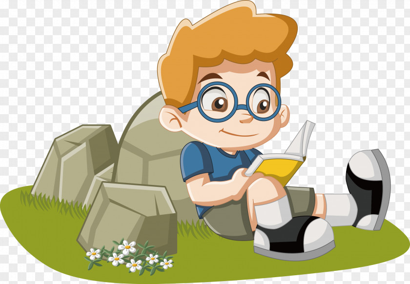 Reading A Book Sitting On The Grass Little Boy Child Cartoon PNG