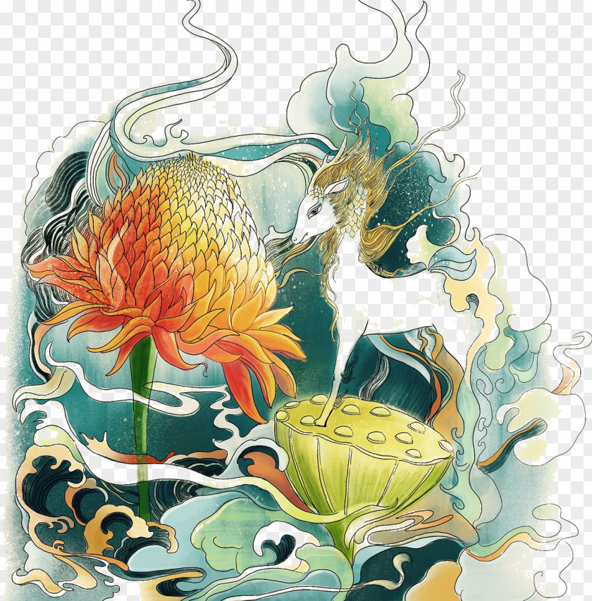 Lotus Seeds And White Deer Pattern Safflower Flower Seed Illustration PNG