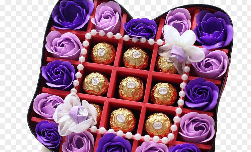 Purple Flowers And Chocolate Flower Gift PNG