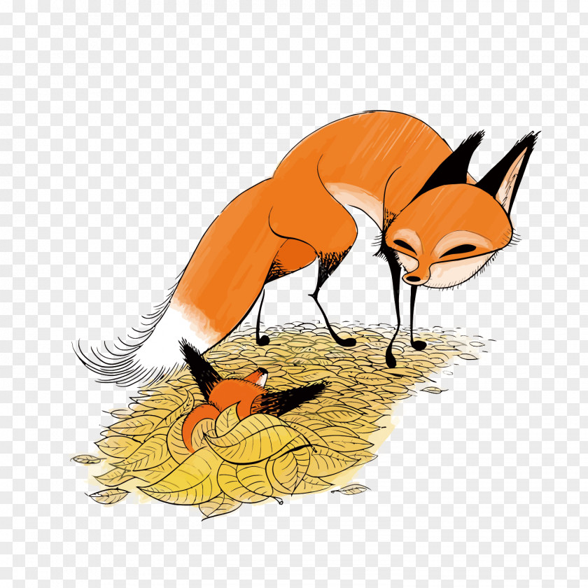 Vector Fox Mother And Son Red Drawing Illustration PNG