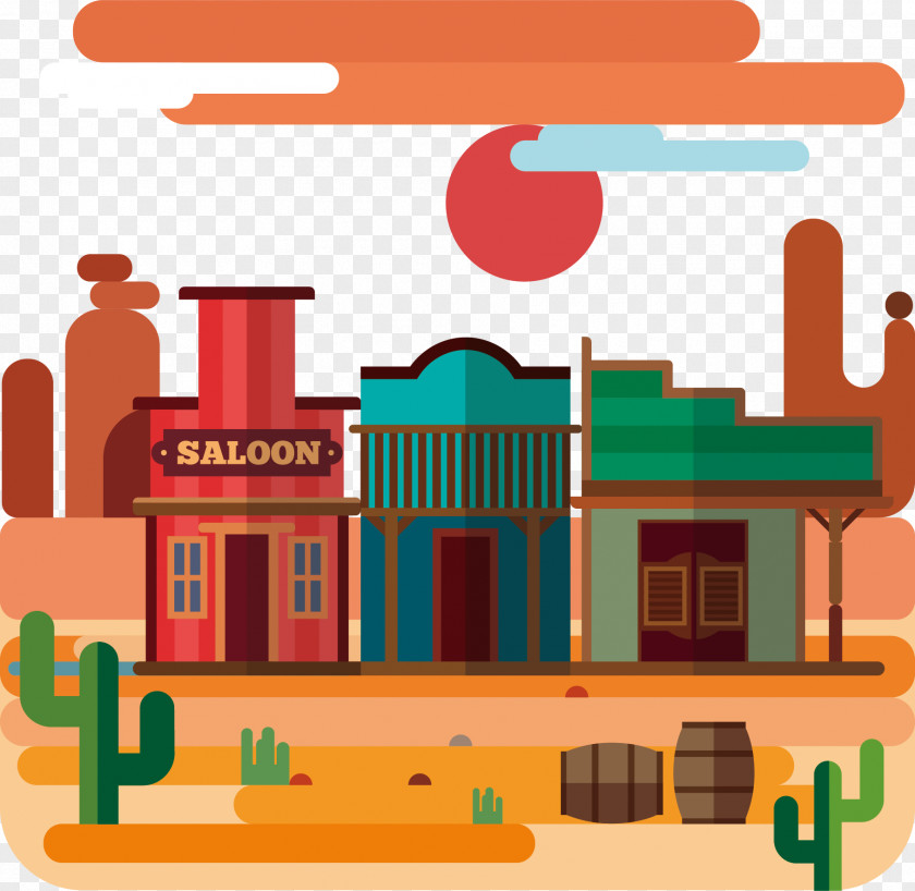 Vector Hand-painted Creative Town Posters Euclidean Landscape Desert Fukei PNG