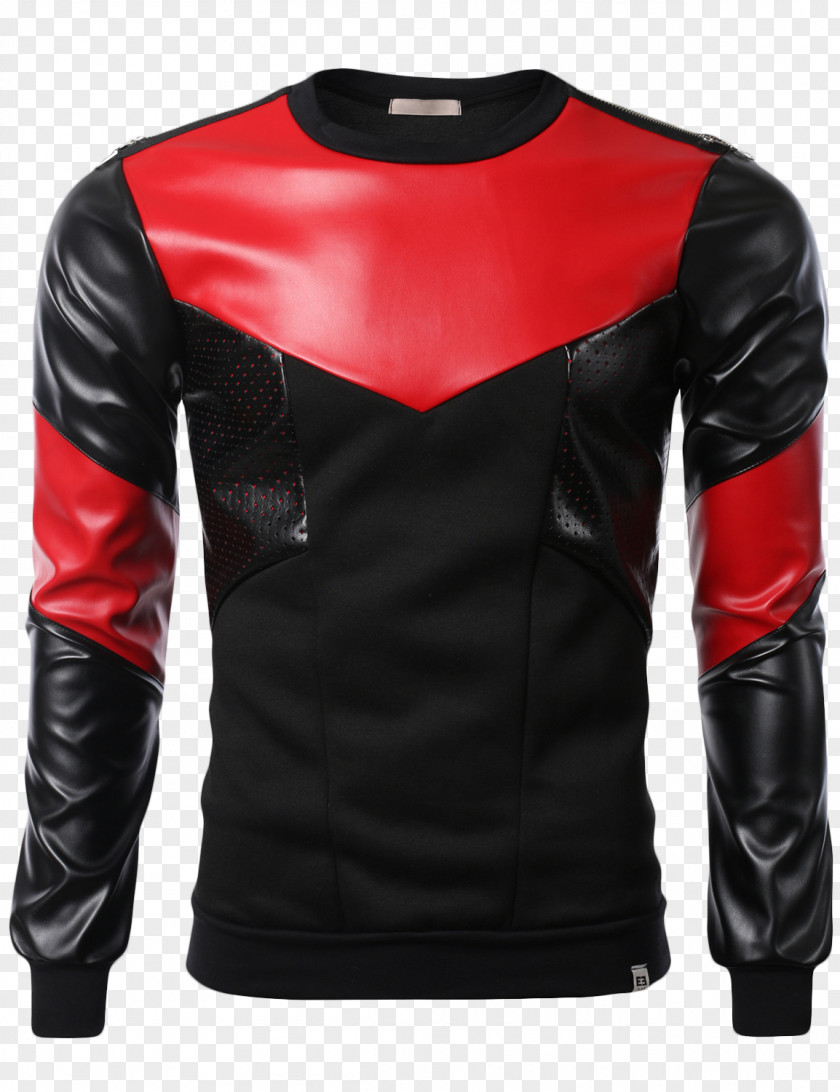 Red Zipper Hoodie Leather Jacket T-shirt Sleeve PNG
