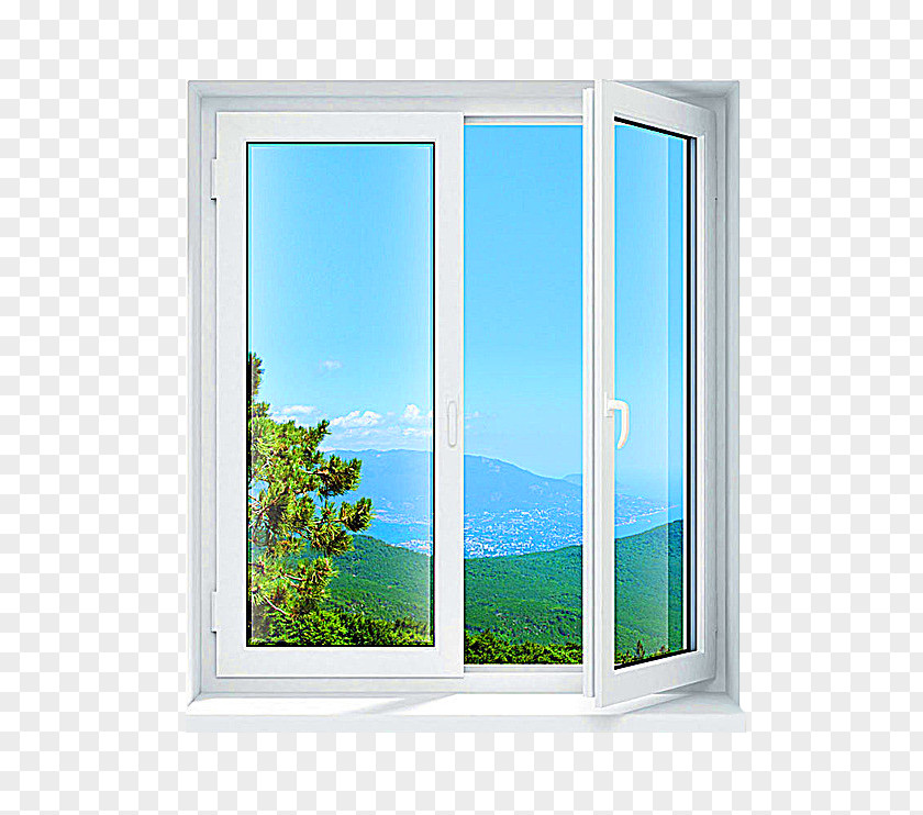 Blue Fresh Window Landscape Decoration Pattern Casement Insulated Glazing Polyvinyl Chloride Door PNG