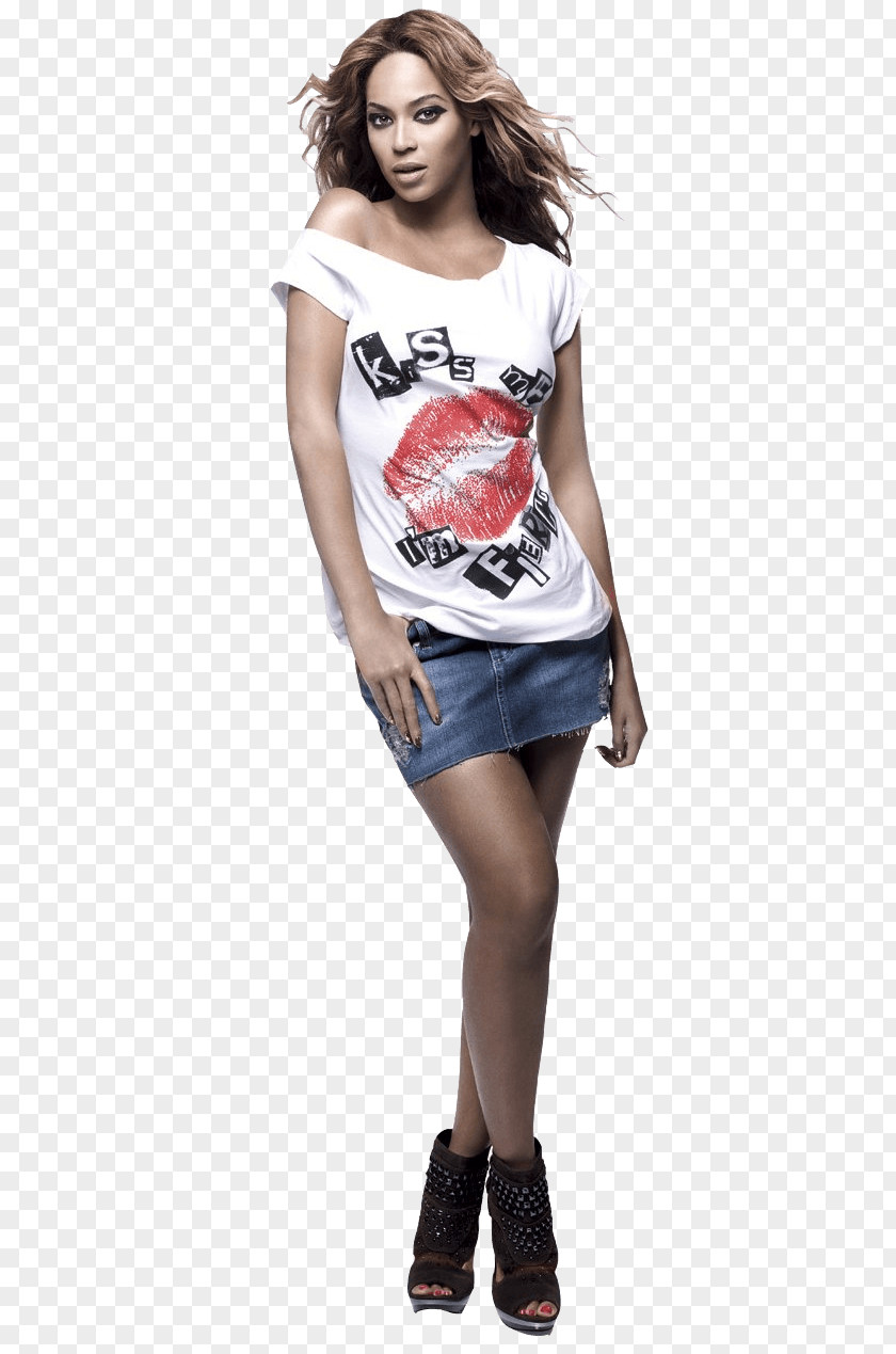 Beyonce Standing Kiss Tshirt PNG Tshirt, wearing white cap-sleeved shirt and blue denim skirt clipart PNG