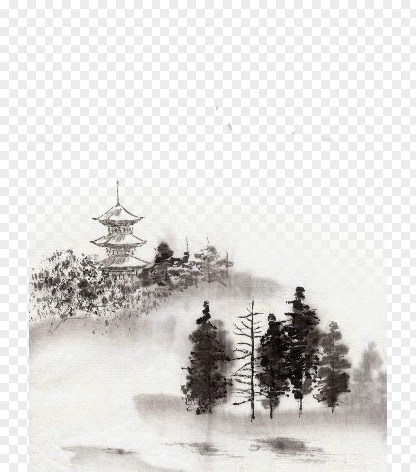 Ink Lake Design Material Wash Painting Chinese Drawing Landscape PNG