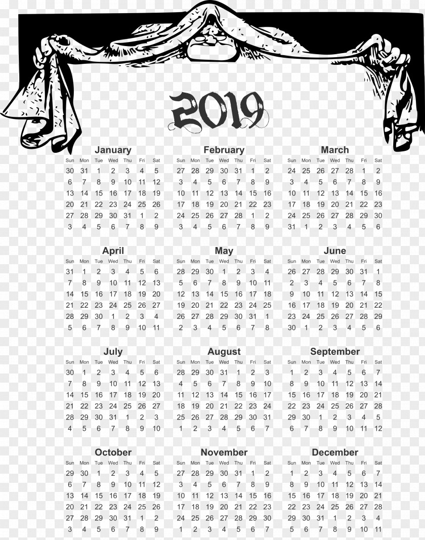 2019 Yearly Calendar Downloadable In Comic Design. PNG