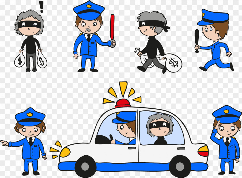 Vector Hand-drawn Cartoon Police And Criminals Car Officer Drawing Clip Art PNG