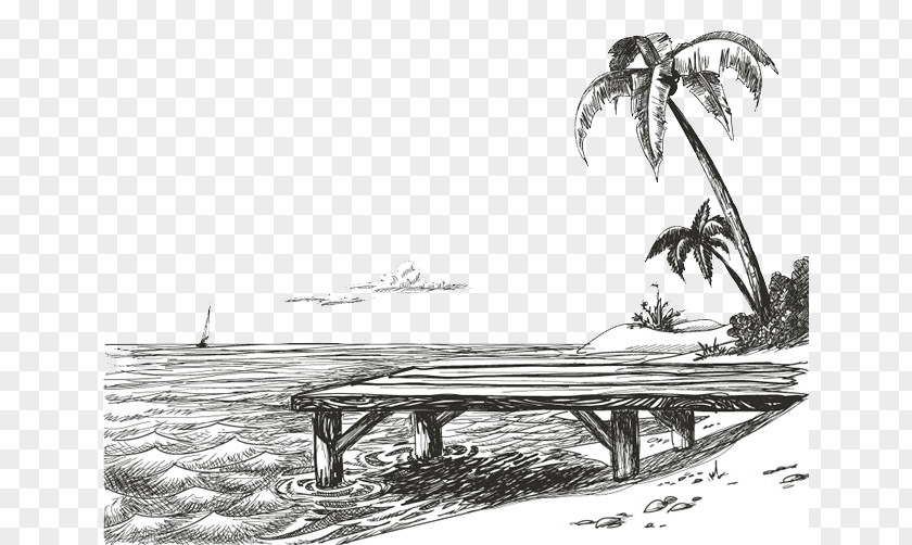 Free Palm Sea Sketch Pull Material Shore Drawing Beach PNG