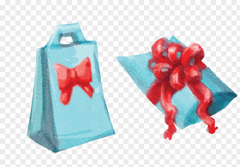 Vector Blue Hand Painted Bowknot Gift Bag Christmas Watercolor Painting PNG