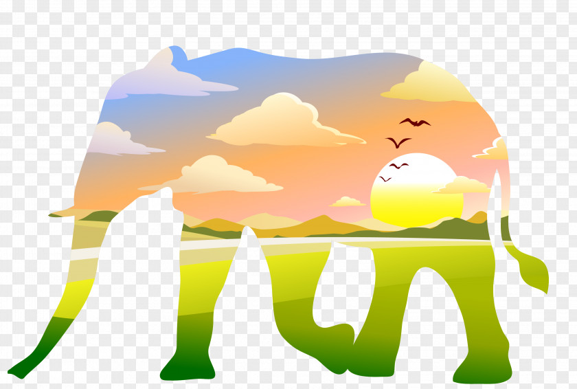 Elephant Prairie Sunset Background Vector Graphics Illustration PNG