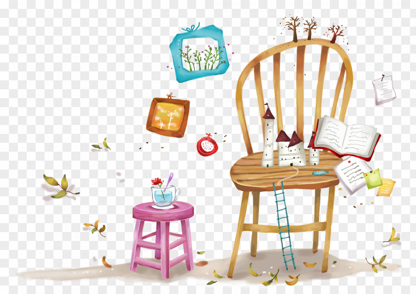 Books Table Chair Illustration Cartoon Vector Graphics PNG