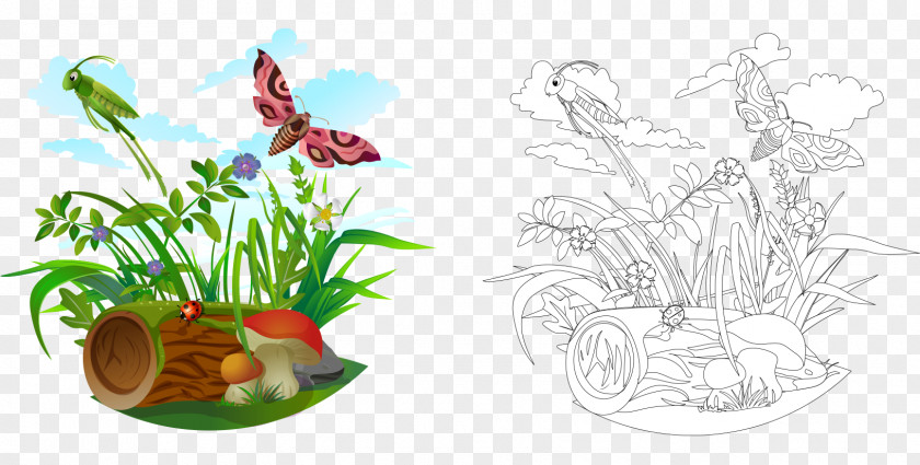 Cartoon Grasshopper Flowers And Butterflies Mushroom Wood Ant Royalty-free Illustration PNG