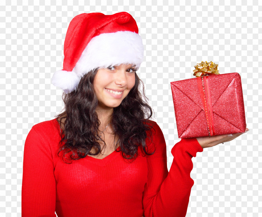 Smiling Woman In Red Santa Claus Hat With Gift Box Christmas PNG