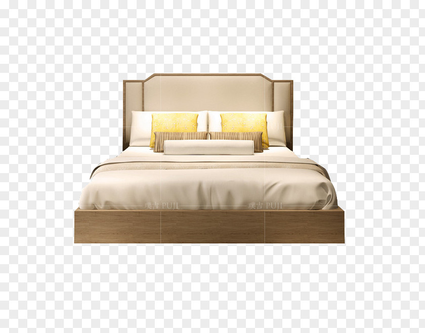 Beige Double Bed Nightstand Light Bedroom PNG