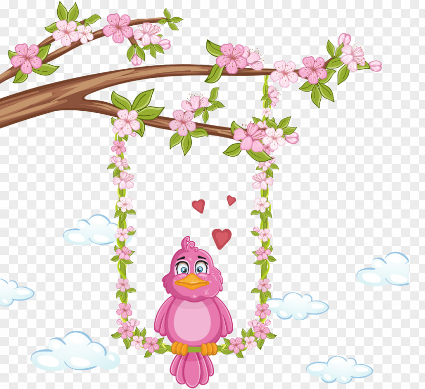 Cartoon Painted Purple Flowers Bird Branch Stock Photography Royalty-free PNG