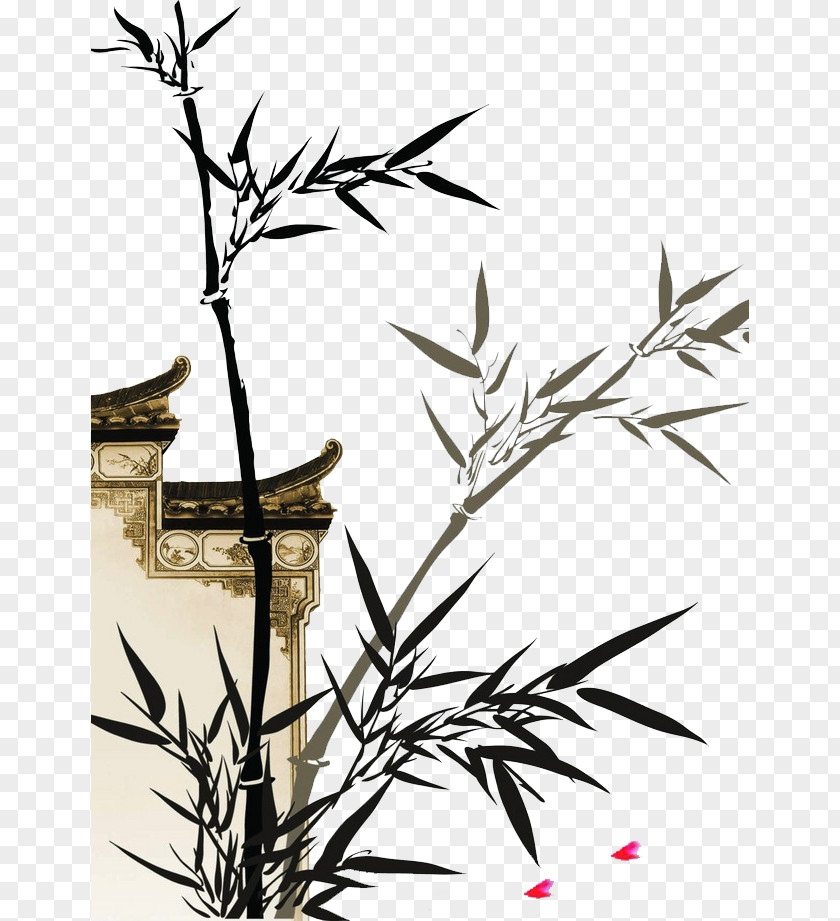 Ancient Bamboo Wall Ink Wash Painting PNG