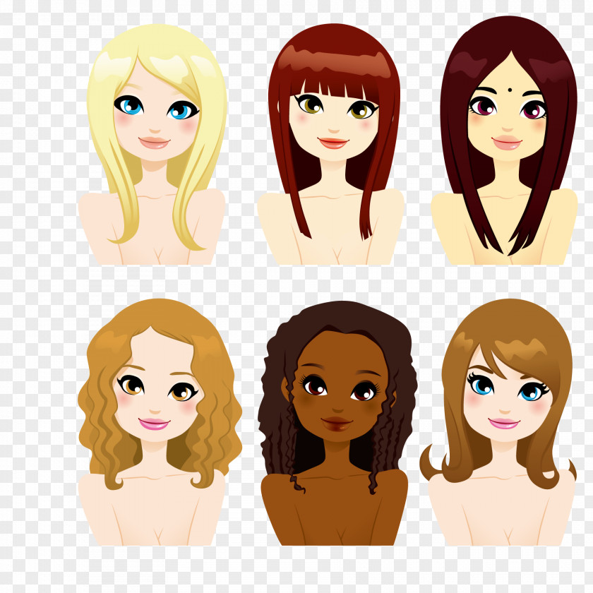 Six Long Hair Beauty Brown Cartoon PNG