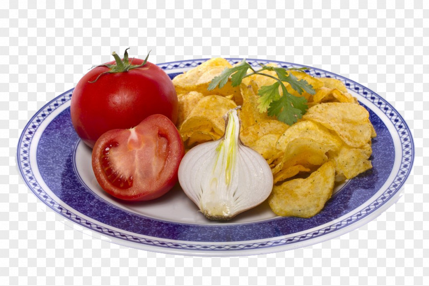 Potato Chips On The Plate, Tomatoes Junk Food French Fries Full Breakfast Chip Tomato PNG