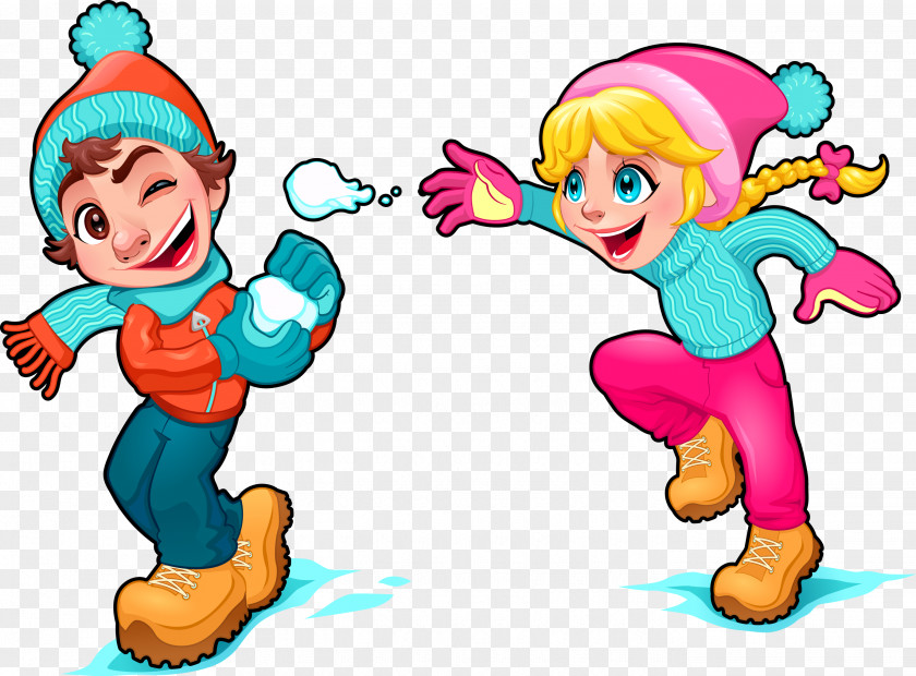 Vector Hand Painted Snowball Fight Kids Cartoon Snow Play Illustration PNG