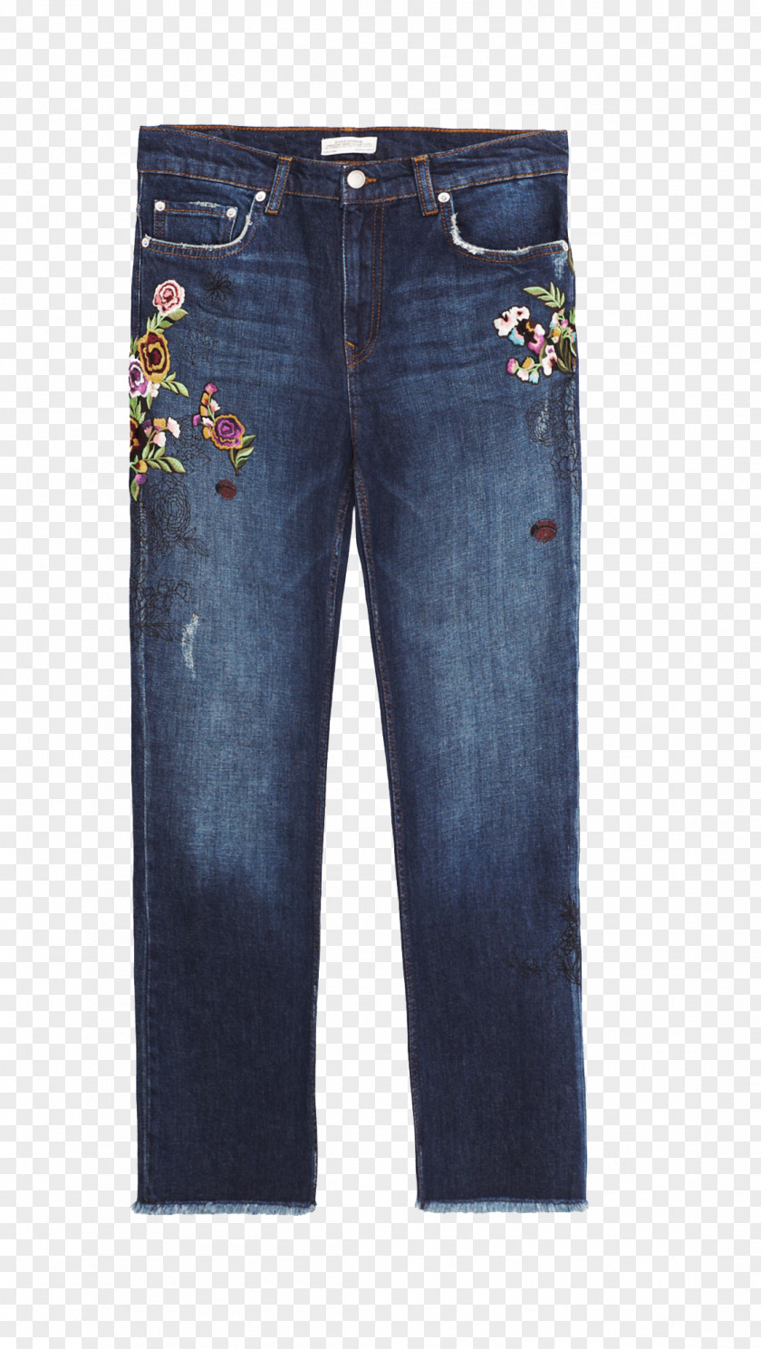 Zara Flower Embroidery Skinny Jeans Trousers Capri Pants PNG