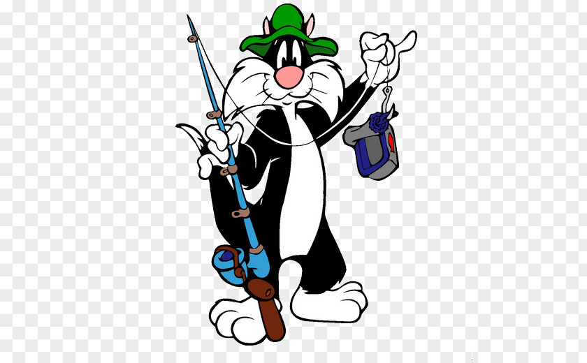 Black And White Cat Holding A Fishing Rod Sylvester Tweety Bugs Bunny Woody Woodpecker Cartoon PNG